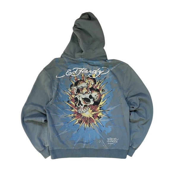 Ed Hardy Skull Flames Zip Up Hoodie Sweatshirt Blue Size L Urban Outfitters - Picture 1 of 8